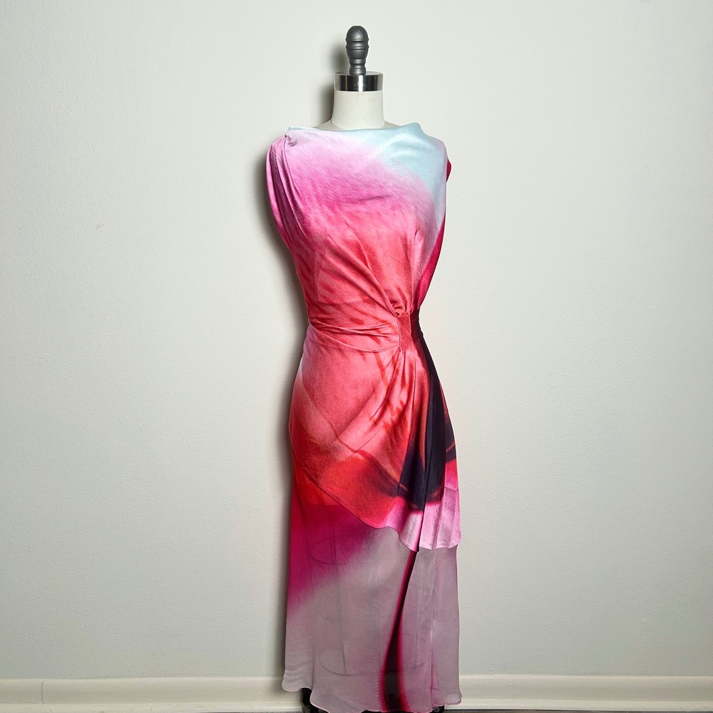 Significant Other Pink Ombre Draped Cowl Open Back Midi Dress Women Size 10P NWT